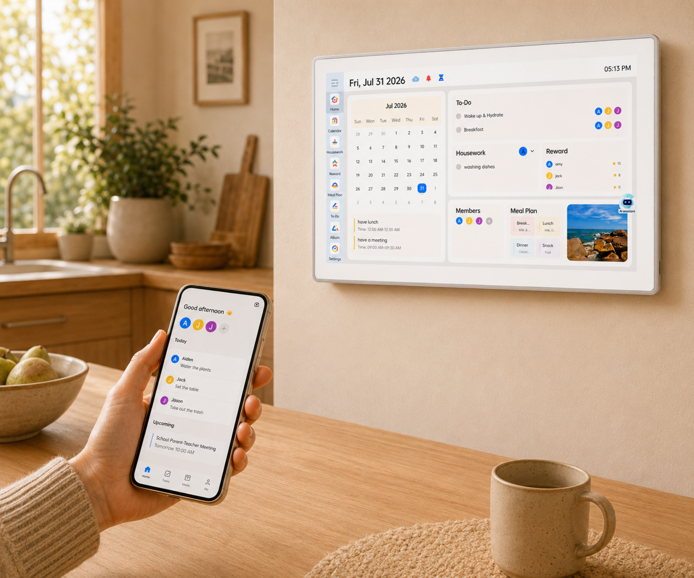 Parent using the VCIVIK mobile app while the real family calendar updates on the kitchen wall