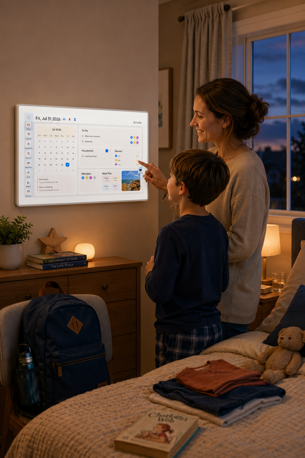 Parent and child preparing tomorrow's school routine on the real landscape VCIVIK calendar