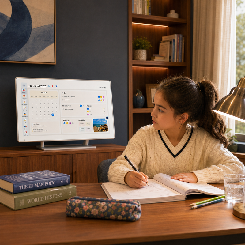 Student completing homework beside the real VCIVIK calendar on its desktop stand