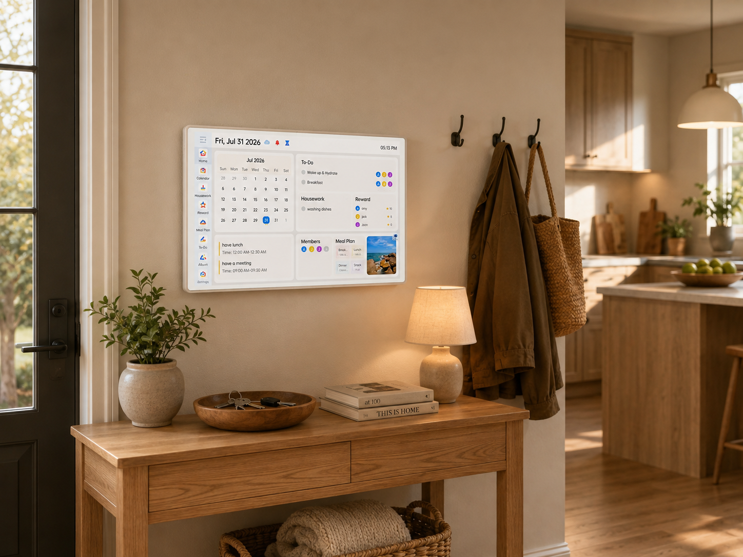 Actual VCIVIK AI family calendar mounted in a warm premium kitchen entryway