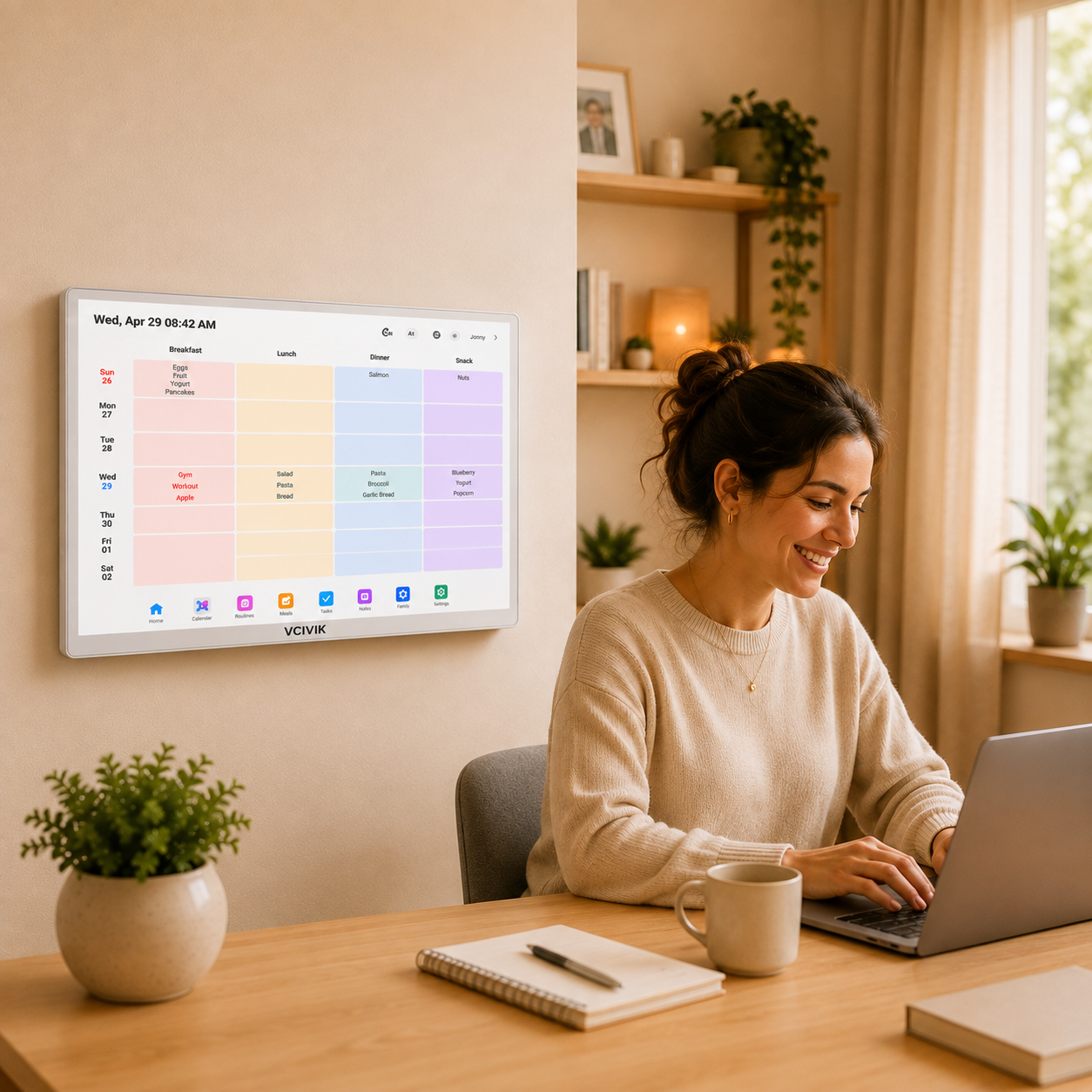 Actual VCIVIK family calendar showing weekly meal planning in a warm home office