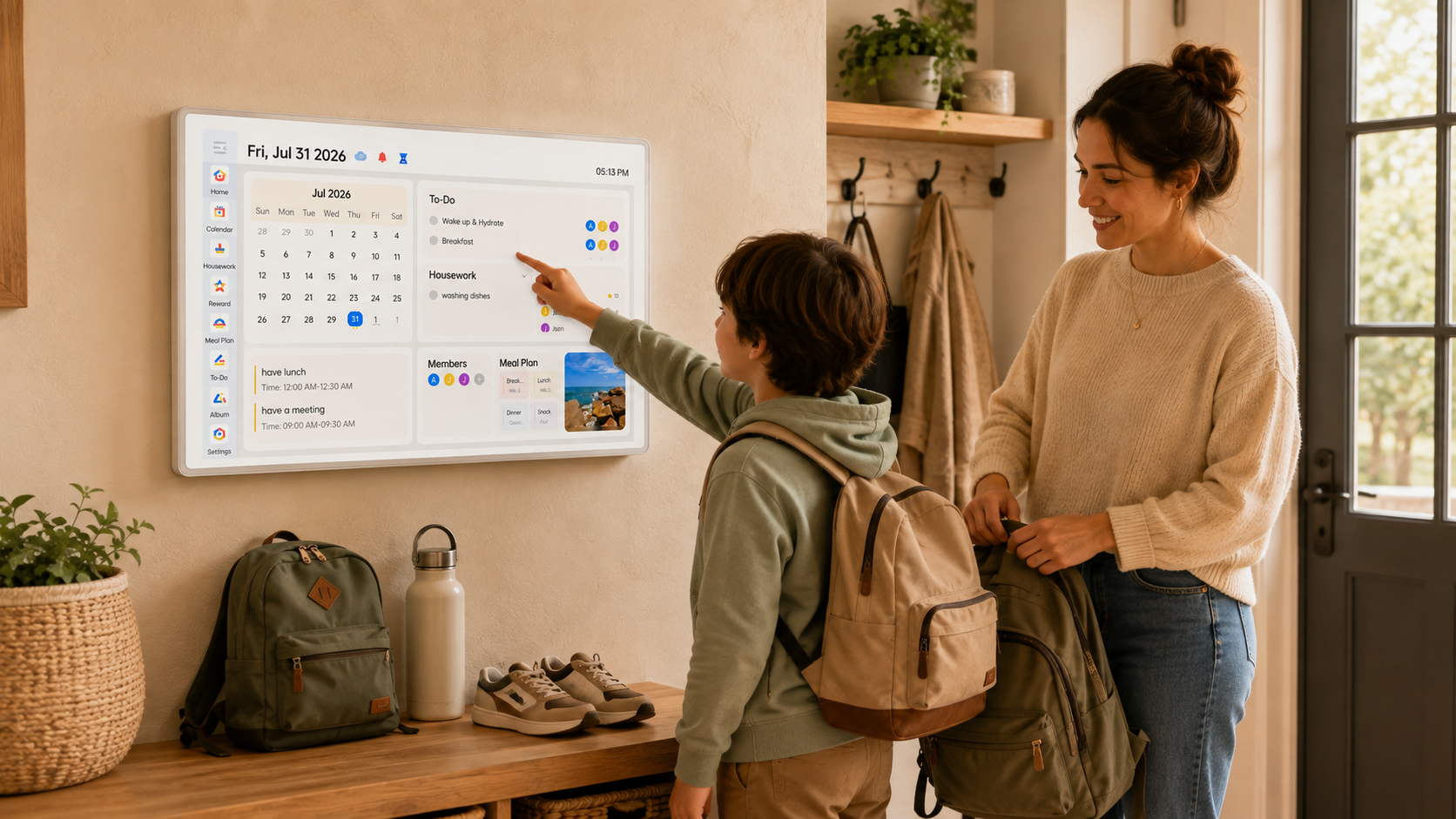Child checking a school morning routine on the real VCIVIK AI family calendar