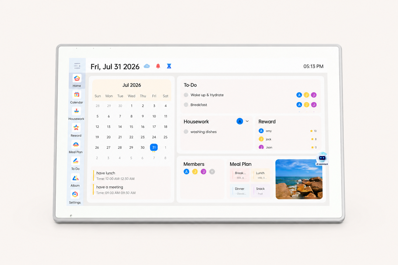 Actual VCIVIK 15.6-inch AI family calendar showing calendar, chores, rewards, meals and AI dashboard