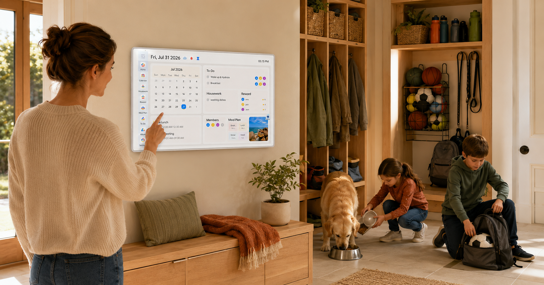 Children finishing pet and sports chores beside the real VCIVIK family calendar